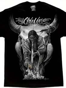 Men's David Gonzales Chicano Art T-Shirt - Native Chief & Bull Horns Design, Mexican Cultural Iconography, Comfortable Cotton Crew Neck Tee, Southwest Style Casual Wear, Multiple Sizes (Chiefin' Graphic) For Day Of The Dead Gifts - 黑色 - 查看 1