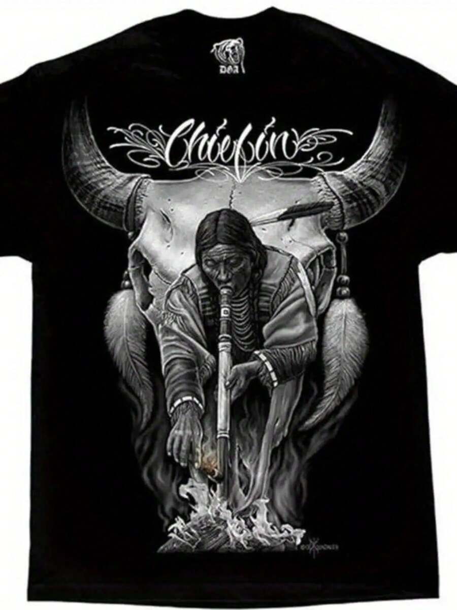 Men's David Gonzales Chicano Art T-Shirt - Native Chief & Bull Horns Design, Mexican Cultural Iconography, Comfortable Cotton Crew Neck Tee, Southwest Style Casual Wear, Multiple Sizes (Chiefin' Graphic) For Day Of The Dead Gifts - 黑色 - 查看 1
