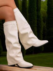 Fall/Winter 2025 Sexy Fashion Women Fold Over Boots Pointed Toe Chunky Heels Metal Knee High Boots Nightclub Elegant Luxury Shoes - Beige - View 6