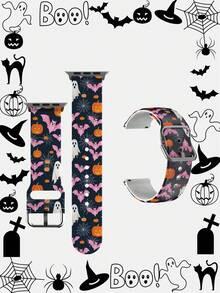 1pc Pumpkin & Leaf Design Soft Elastic Breathable Wristband Replacement Watch Band Compatible With Samsung, Garmin, Honor Smartwatches, Apple Watch 38mm 40mm 41mm 45mm 44mm 42mm 49mm, Fashionable Casual Multi-Color Silicone Watch Band Compatible With Apple Watch Ultra SE/Series 10/9/8/7/6/5/4/3/2/1