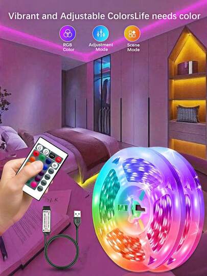 Fita de LED RGB com controle remoto de 24 teclas, brilho e velocidade de piscamento ajustáveis, mudança de várias cores, cortável e dobrável, adequada para sala, teto de cozinha, atmosfera de feriado, decoração de festa com música dançante