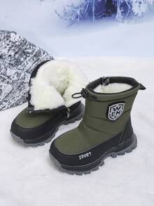 儿童雪地靴，男女童冬季保暖靴，保暖内衬户外鞋，厚底学生靴 - 軍綠色 - 查看 6