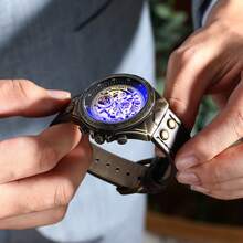 1pc 50M Waterproof Vintage Copper Mechanical Watch Brown Leather Strap Hollow Gear Skeleton Transparent Flying Tourbillon Power Storage Visible On The Back Cover For Real Automatic Mechanical Watch Men's Birthday Gift Husband Father's Day Wedding Souvenir Precise Timekeeping