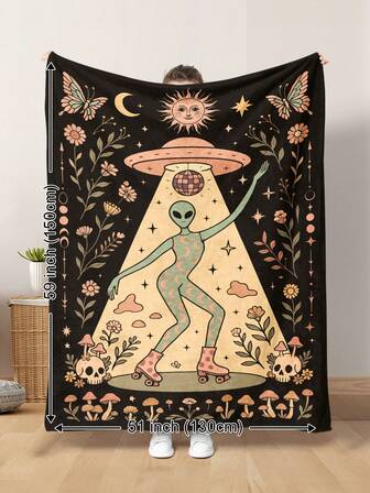 1pc Retro Cartoon Style, Fun Disco Dancing Alien, UFO, Star Moon, Butterfly Mushroom Flower Skull Pattern Plush Blanket, Soft & Warm, Suitable For All Seasons, Living Room, Sofa, Lounge Chair, Bedroom, Travel, Camping, Gift