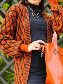 Women's Cardigan Knitting Puff Sleeve Winter Fashion Rhombus - màu nâu - Xem 2