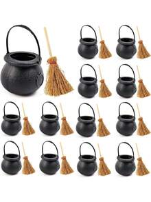 2/4/6/12 peças/conjunto mini caldeirão de plástico com mini vassouras de bruxa, pote de caldeirão de bruxa, baldes pretos com alça para porta-doces de Halloween e lembrancinhas de festa - Multicolorido - Ver 1