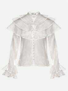 Ruffled Solid Color Front Button Sheer Elegant Long Sleeve Shirt - White - View 6