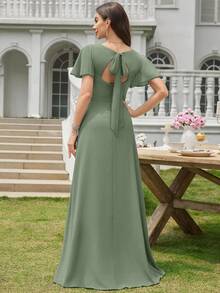 Volly Toych Đầm chiffon dáng chữ A thanh lịch với tay áo xếp bèo, thích hợp cho các dịp trang trọng như phù dâu, khách dự đám cưới và mẹ cô dâu, mùa thu. - Màu xanh Cadet - Xem 2