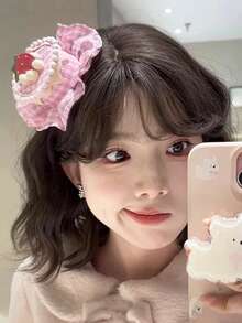 1 Stück süßer karierter Erdbeerkuchen Haarclip, Stoffornament für Geburtstagsfeiern, Fotoshootings, rosa Haarclips, Haarclips Klaue, Clips Haare, rosa Accessoires, Haarkrallen, Haarspange, Haarbarrettes, Haarzubehör, Valentinstag Accessoires, Kopfschmuck - Pink - Übersicht 5