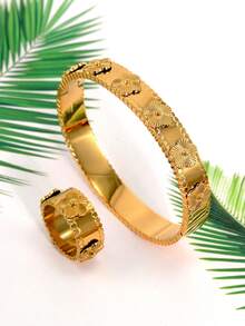 Bộ trang sức nhẫn và vòng tay hoa bằng thép không gỉ 316L mạ vàng 18K 2 chiếc/bộ, phù hợp với trang phục hàng ngày của phụ nữ, thiết kế hoa phổ biến cổ điển của Châu Âu và Châu Mỹ, chống thấm nước, trang sức vàng thường ngày thanh lịch và sang trọng, bộ trang sức cưới, quà tặng cho bé gái, phụ nữ, mẹ, người thân, bạn bè, đám cưới đẹp, sinh nhật, ngày của mẹ, bạn gái, ngày lễ tình nhân - Vàng - Xem 6