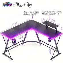 Fashion L-Shaped Gaming Desk With Movable Monitor/Laptop Stand, Modern Game Table, Black Esports Desk, Home Office Desk, Metal Frame Computer Table With Carbon Fiber Desktop, Versatile L Shaped Corner Desk With Light Strip + Headphone Hook + Cup Holder, Area Of Desk Surface: 10.59 Ft² + 1.04 Ft² - & CF Desktop + Light Strip + Cup Holder + Headphone Hook - View 8