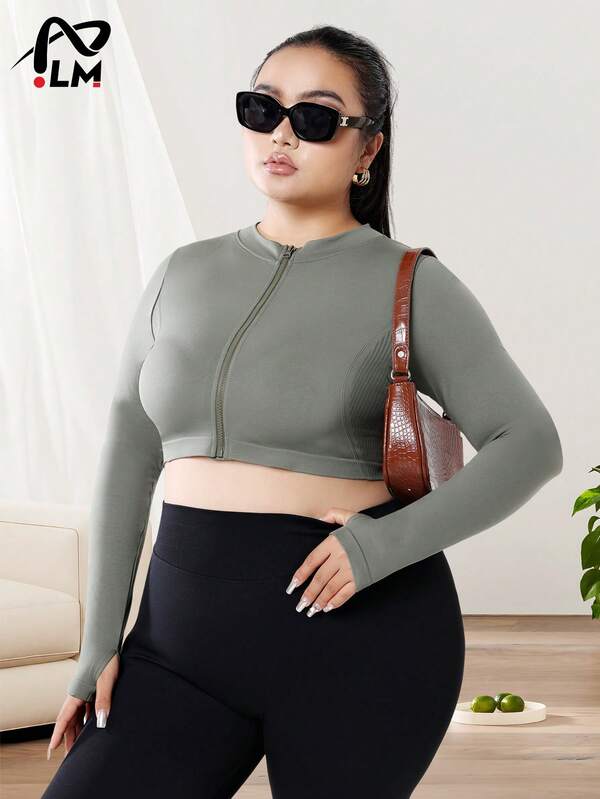 Veste d'activewear sans couture vert olive grande taille pour femmes, tissu doux et très extensible, design zippé pour une expérience de port renouvelée, veste de sport polyvalente et décontracté, convient pour le fitness, l'entraînement, le yoga, alliant fonctionnalité et mode