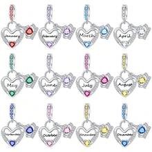 鍍銀誕生石心形吊墜飾件，立方鋯石珠飾，生日情人節節日女性珠寶禮物，適用於手鍊項鍊 - 銀色 - 查看 10