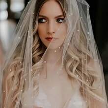 1 Romantic Bridal Veil With Artificial Pearl Decoration Perfect For Weddings, Photo Shoots And Formal Events - 白色 - 查看 1