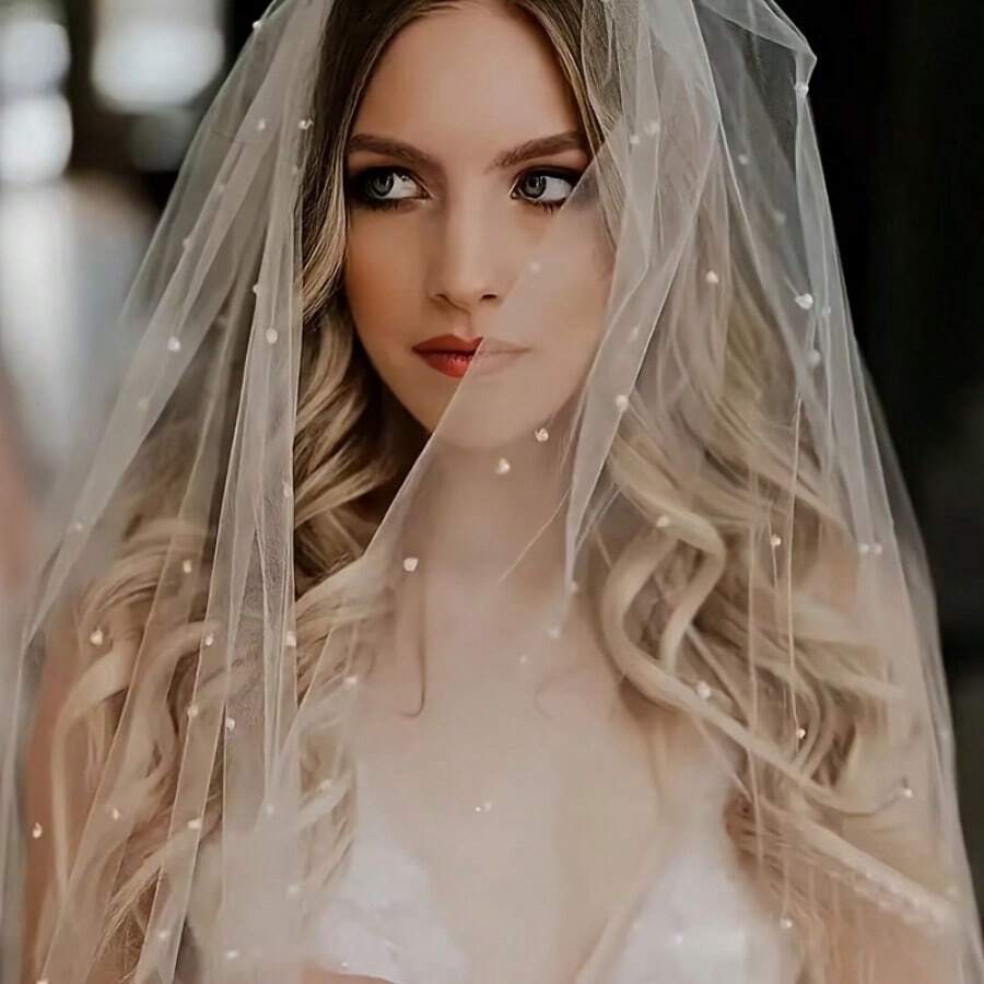 1 Romantic Bridal Veil With Artificial Pearl Decoration Perfect For Weddings, Photo Shoots And Formal Events - 白色 - 查看 1