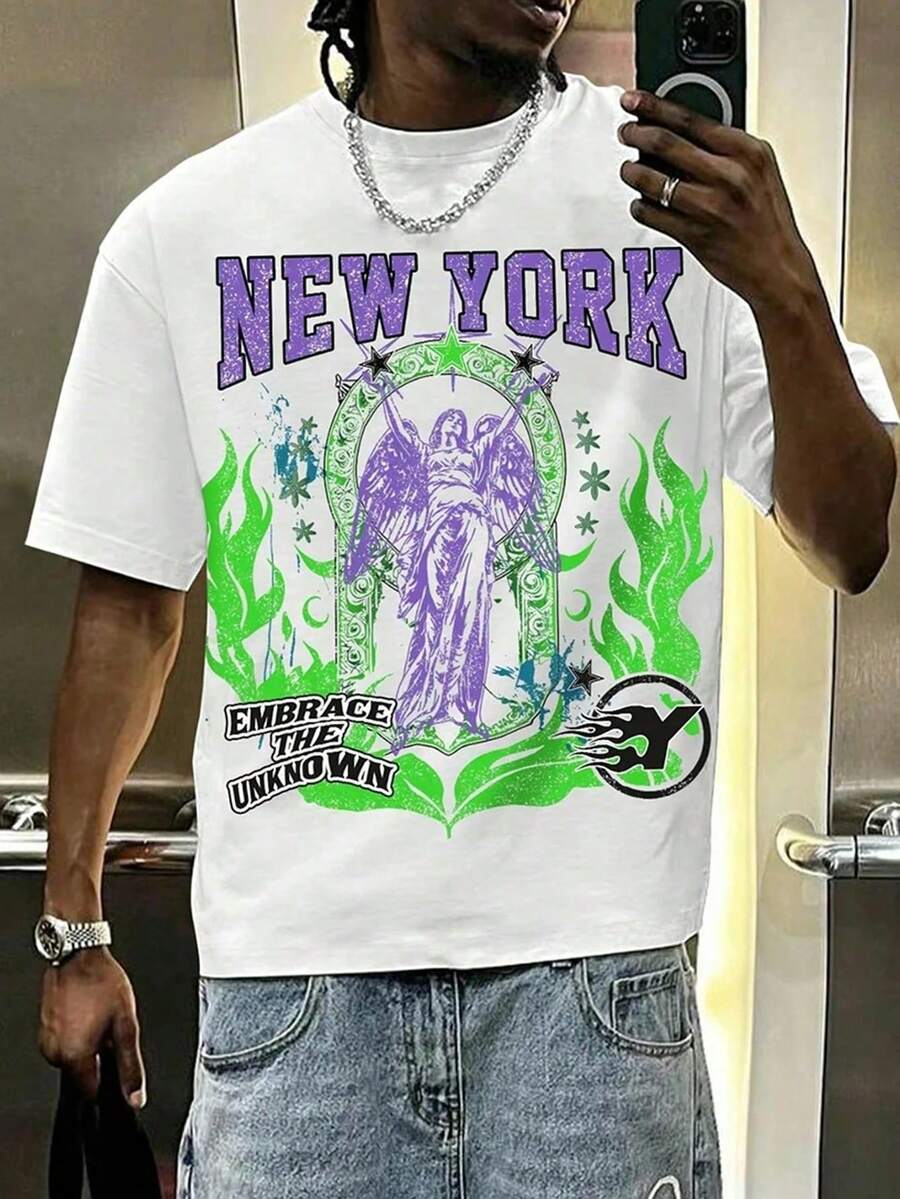 "NEW YORK" Angel - Themed Graphic Tee Y2k Style Tee (220g Cotton T-Shirt) Printed T-Shirts, Unisex T-Shirts, Casual And Comfortable To Wear Men's Summer Round Neck Short Sleeve T-Shirts, Fashion Printed T-Shirts, Uni T-Shirts, Casual And Comfortable To Wear Vintage - Style Graphic T - Shirt - 白色 - 查看 1