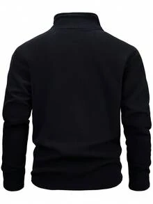 男士抓绒外套，1/4 拉链套头卫衣，纯色户外休闲连帽衫，冬季保暖，加厚运动上衣，弹性抽绳下摆，适合户外活动、骑行、徒步、跑步、钓鱼、日常休闲穿着，黑色 - 黑色 - 查看 2