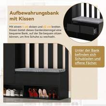 Flurgarderobe mit gepolsterter Aufbewahrungsbank, multifunktionaler Flur-Schuhschrank mit Stecktafel, moderne Garderobe mit 4 Haken für Eingangsbereich, Waschküche, Schwarz,H180/B100/T35 cm