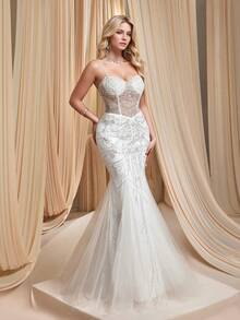 Mermaid Style Spaghetti Straps Sexy Evening Dress Sweetheart See Through Beaded Modern Wedding Dress - trắng - Xem 2