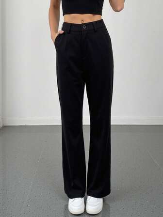 Women's High Waist Solid Color Casual Trousers, Draping, Straight Leg, Slimming, Loose Fit Casual Pants