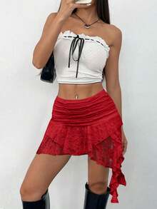 Women's Y2K Lace Mini Skirt Low Rise Pleated Ruffle Layered Flowy Short Skirts, Kpop Outfit, New Year& Valentine's Day Gifts, Red Skirt - 紅色 - 查看 2