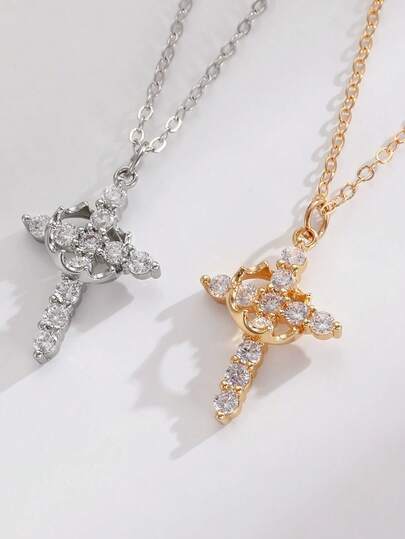 1pc Christian Crown Cross Pendant Necklace, Suitable For Women - KC Gold Plated Delicate Chain, Elegant Religious Jewelry, Suitable For Daily Wear