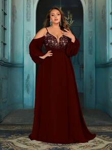 Elisanya Elegant Gorgeous Plus Size Sequins Formal Dress Summer Evening Gown For Birthday Party, Charity Prom, Galas Solid Color Strapless Long Sleeve Dresses Ballgown - Burgundy - View 4