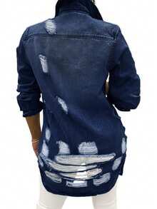 Áo khoác denim giặt cũ rách dài vừa phải cho nữ - Màu xanh lam - Xem 2