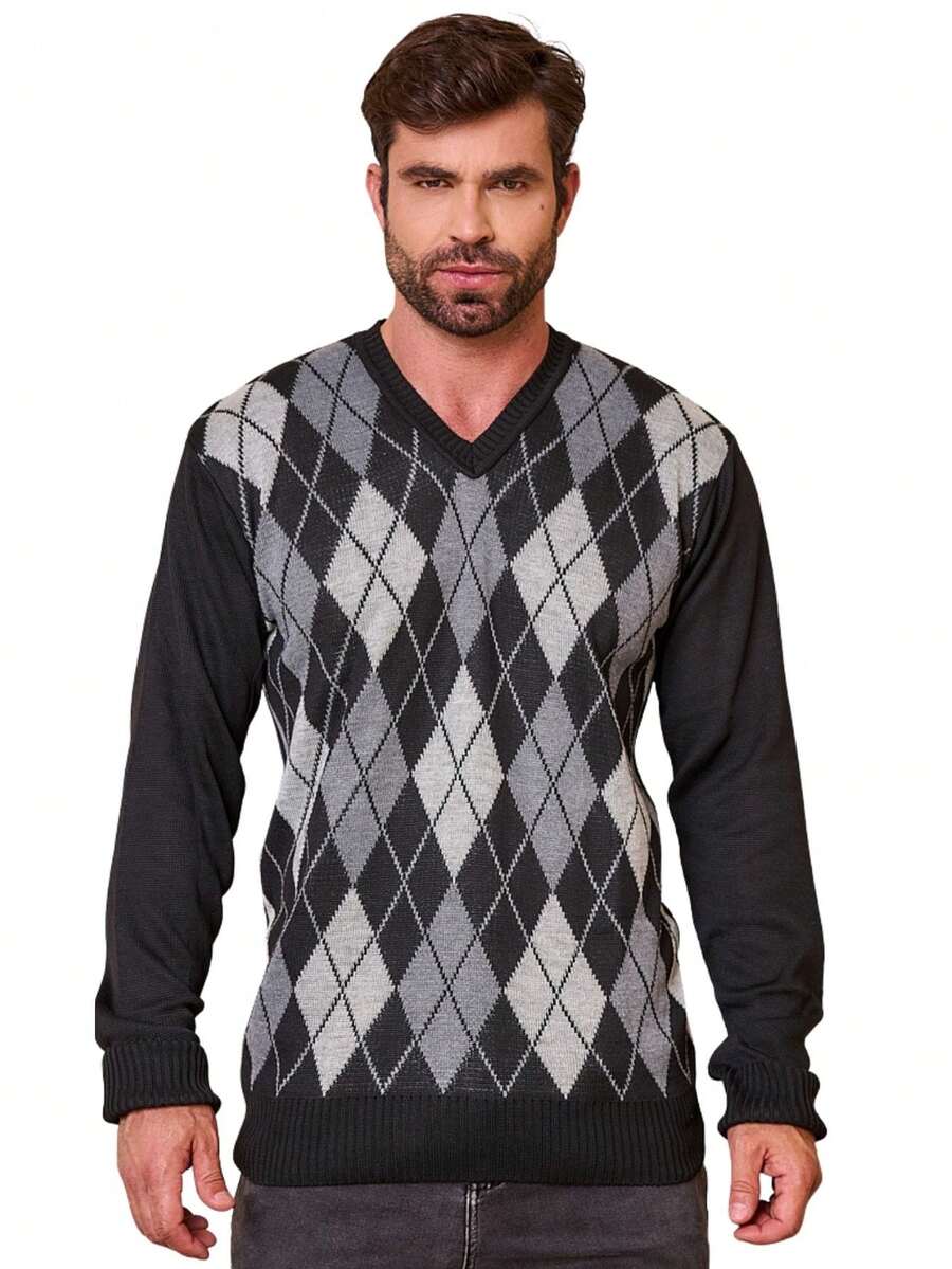 Men's Knitted Sweater V-Neck Wool Men's Cold Weather Sweater V-Neck Long Sleeve - Black - View 1