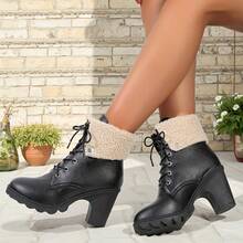 Women's Thick Heel Short Boots, European And American Plus Size, British Style, Outdoor Fuzzy Collar High Heel Short Boots, Front Strap, Warm Lining, Boots, Mid-Calf Boots