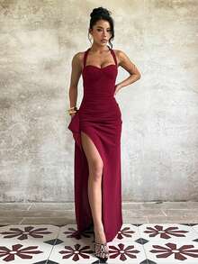 1pc Elegant Solid Color Backless High Slit Asymmetric/Asymmetrical Maxi Dress, Suitable For Parties, Wedding And All Seasons - Burgundy - View 4