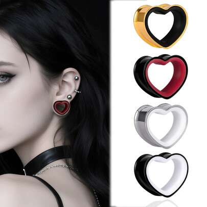 2pcs Stainless Steel Dual-Tone Heart Shaped Ear Gauges, Suitable For Various Ear Types, Ear Piercing Jewelry, Earrings, New Low Allergy Accessories, Gift For Women