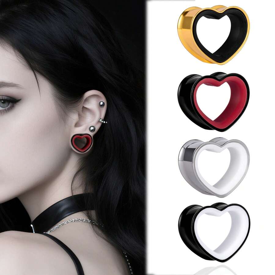 2pcs Stainless Steel Dual-Tone Heart Shaped Ear Gauges, Suitable For Various Ear Types, Ear Piercing Jewelry, Earrings, New Low Allergy Accessories, Gift For Women - Heart - View 1