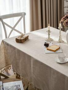 1pc Plain Linen Tablecloth With Tassels, Rustic Farmhouse Style, Versatile For Kitchen, Coffee Table, TV Stand, Suitable For Daily Use, Holidays, Family Gatherings, Birthday Parties, Weddings, Dinner Parties, All Seasons