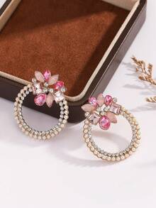 1 Pair Of Colorful Rhinestone Round Flower Fashionable Ear Studs Imitating Pearl Simple Earrings Are Suitable For Wearing At Daily Weddings, Banquets And Parties - ZNW364 - View 4