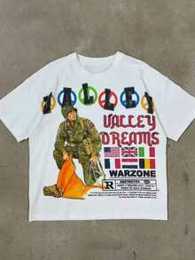 Y2KCHAOS Retro Military Graphic Tee - Bold Soldier Artwork With Flags & Text, Perfect For Streetwear Fans, Vintage Style (220 Pure Cotton T-Shirt) - White - View 2