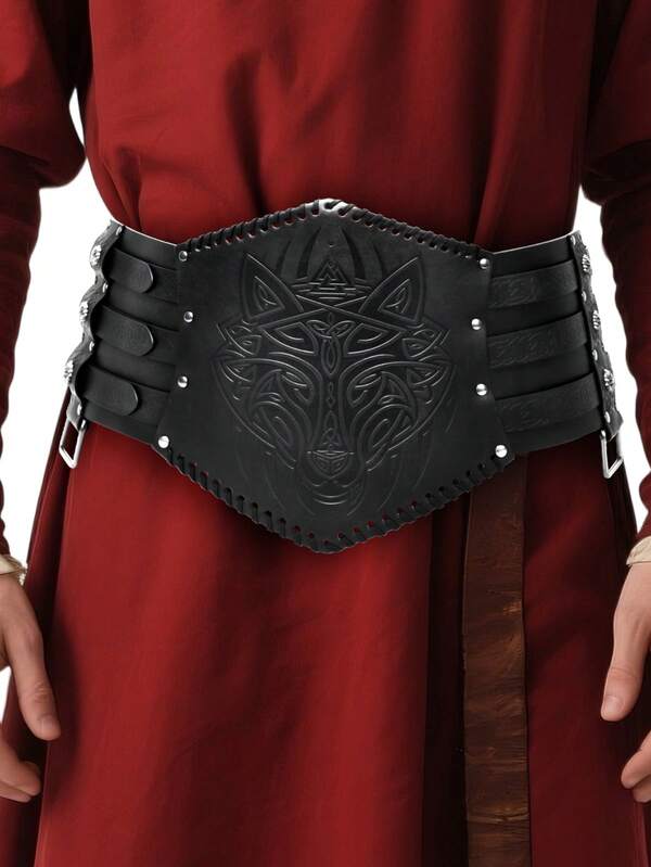 Medieval Vintage Viking Warrior Armor Waist Belt - PU Leather Medieval LARP Costume, Nordic Warrior Wolf & Fox Head Design, Renaissance Fair Gear, Historical Costume Accessory, Halloween Costume Accessory Autumn-Winter Accessories,Suitable For Teens, Youth,Men,Casual, Outdoor, Athletic, Vacation, Graduation Gifts, Birthday, Daily Wear