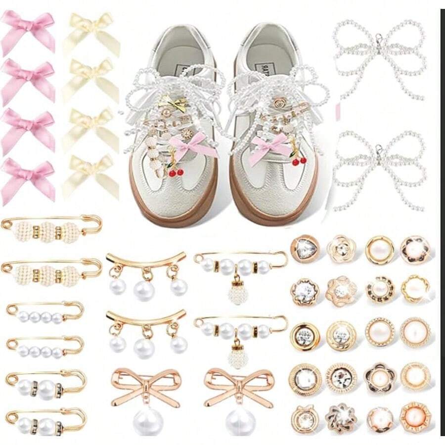 Yeanifeana 42 Piezas Adornos para Zapatos Accesorios de Zapatos de Diamante de Cristal pasadores de surtidos con lazo de perlas para zapatos deportivos a granel y alfileres para mujeres - como en la foto - Ver 1