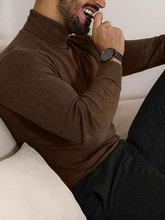 1 pièce Pull col roulé à manches longues de couleur unie pour homme, pour un port casual au quotidien, pour l'automne et l'hiver