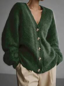 Elegant Lady's Casual Chic European Style Versatile Knitted Cardigan, Comfortable Long Sleeve Plus Size Sweater For Mature & Young Women