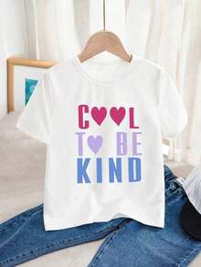Pink, Purple & Blue Art Letter Heart Print Tween Girls T-Shirt - 100% Pure Cotton Colorful Graphic Tee |   Pastel Hues Artistic Alphabet & Love Design Short Sleeve Top, Sweet Casual Shirt For Big Girls