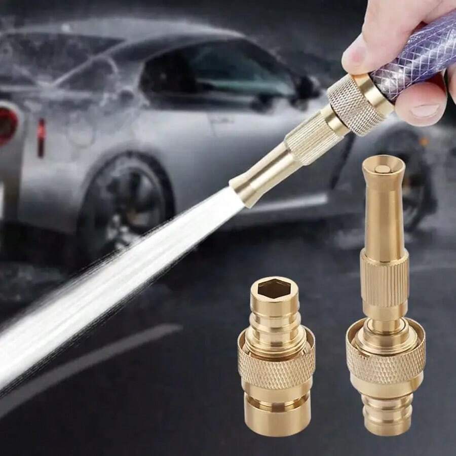 重型黄铜可调旋转高压水喷嘴，带快速接头，适用于洗车、园艺和户外使用 - 彩色 - 查看 1