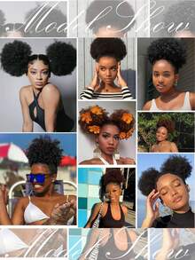 Afro Kinky 捲曲合成髮馬尾假髮 高溫纖維短波抽繩式 Afro Puff 丸子頭 女款，萬聖節 - 黑色 - 查看 9