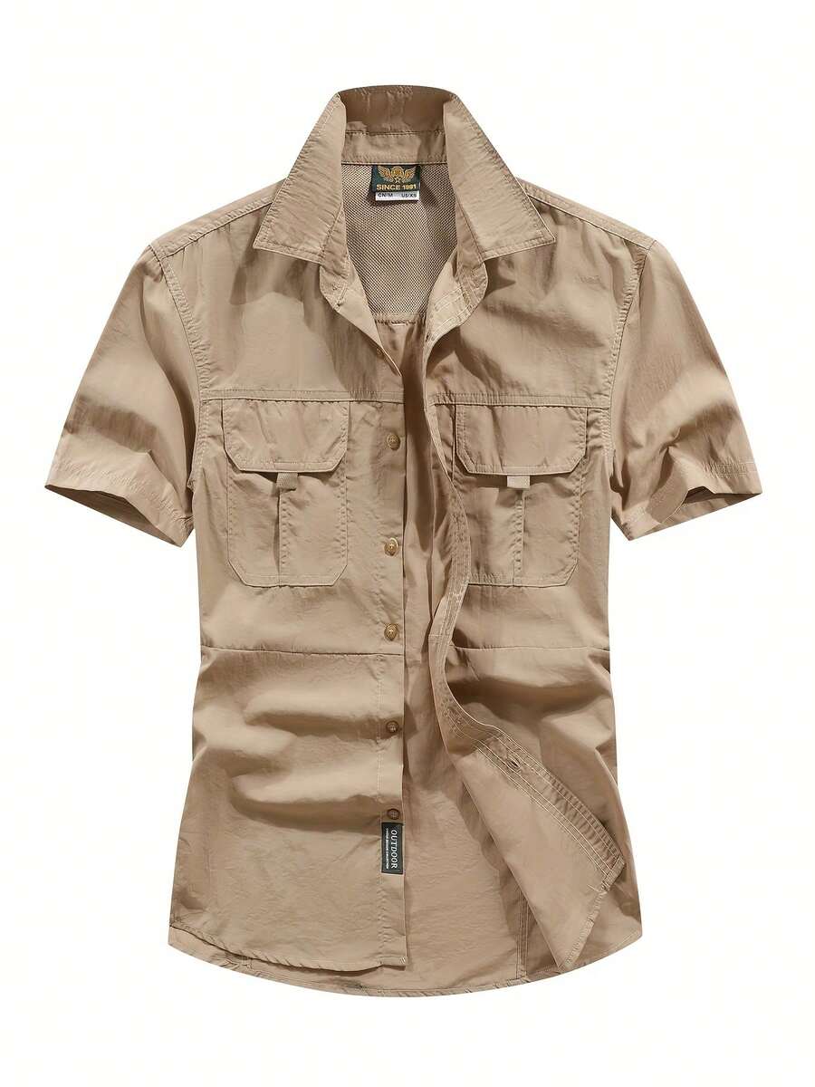FREDD MARSHALL Men's Outdoor Casual Sports Short-Sleeve Shirt With Quick-Dry Fabric, Featuring Multiple Pockets And A Lightweight Design For Hiking&Fishing In Spring Autumn - Màu Khaki - Xem 1