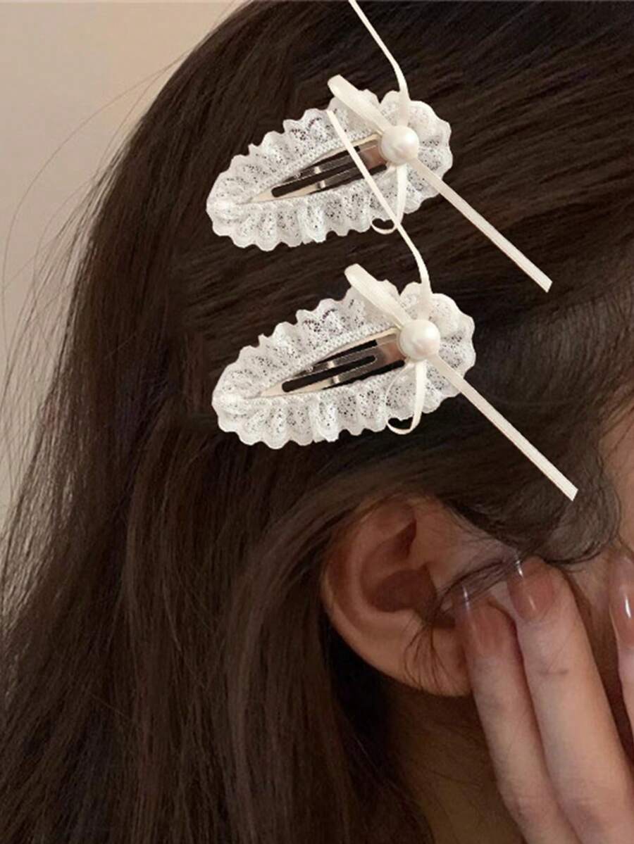 2 件套仿珍珠蝴蝶结和蕾丝波浪发夹，可爱侧刘海发夹发饰，学校用品，优雅，学院风，珍珠发饰 - 彩色 - 查看 1