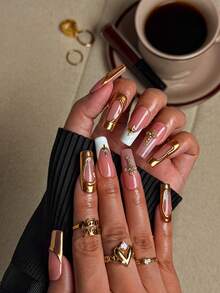 NAIO 10 Pieces Handmade Rectangle Press-On Nails With 3D Line Art, Color Nude And Gold Optional, With White Fashionable French Tip Nail Style With Cross And Gold Glitter Sequins Nail Gems Decoration Nail Supplies, They Are Perfect For Women And Girls' Daily Look, Also Great For Parties, Ceremonies And Other Occasions. The Included Tool Set Is A Great Gift For Women And Girls.