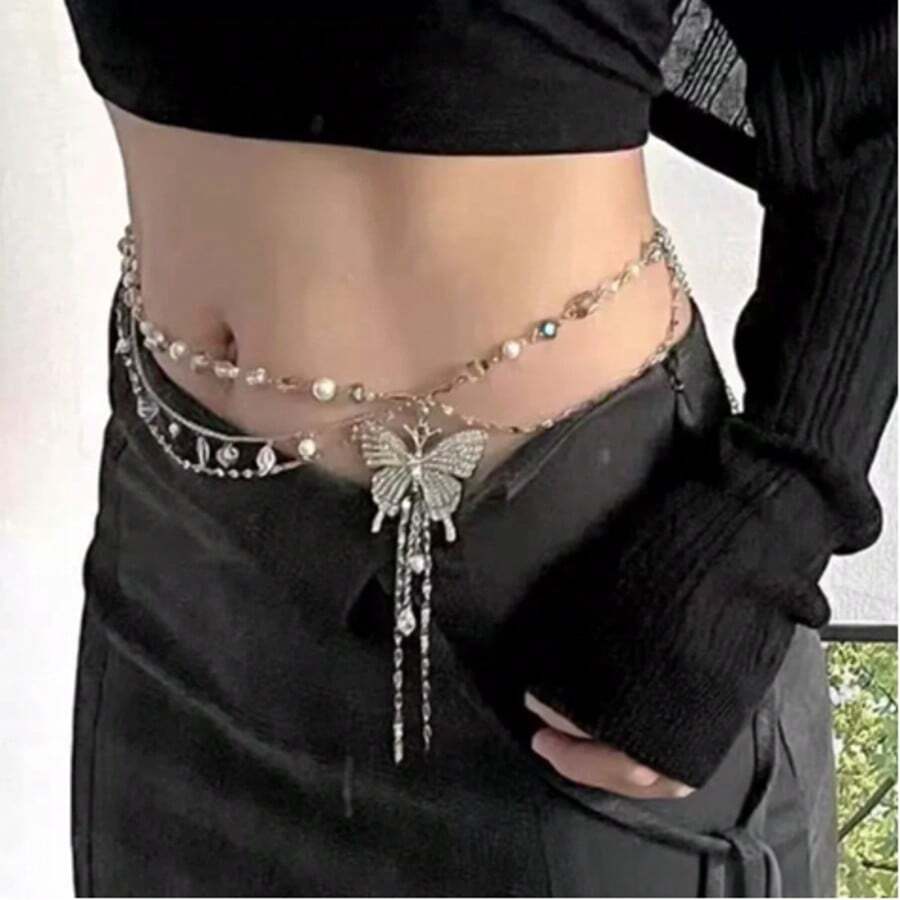 A Set Of Women's New Fashionable Butterfly Bead Necklace Waist Chain, Retro Exquisite, Light Luxury, Niche, One In Two Necklace Neck Chain - Bạc - Xem 1
