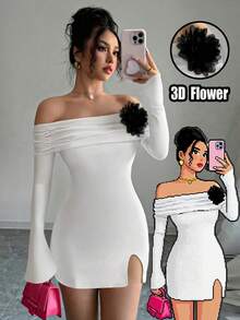 Women's Elegant Solid Color Off Shoulder Commuter Minimalist Dress With Ruched Shoulder Design, Black Oversized 3D Floral Decor, Flared Hem And Mini Slit