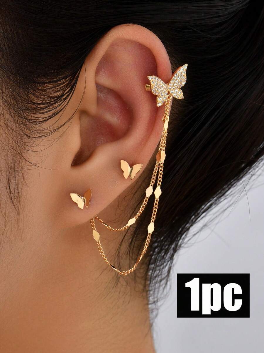 3pcs/Set Copper Butterfly Inlaid Cubic Zirconia Tassel Left Ear Cuff Earrings Set, Suitable For Women's Daily, Party, And Holiday Occasions