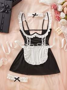 4pcs Maid Costume Set, Black & White Color, Bow Decor, Ruffle Hem, Slit Design, Revealing, Babydoll, Sexy Lingerie Set - Black and White - View 2